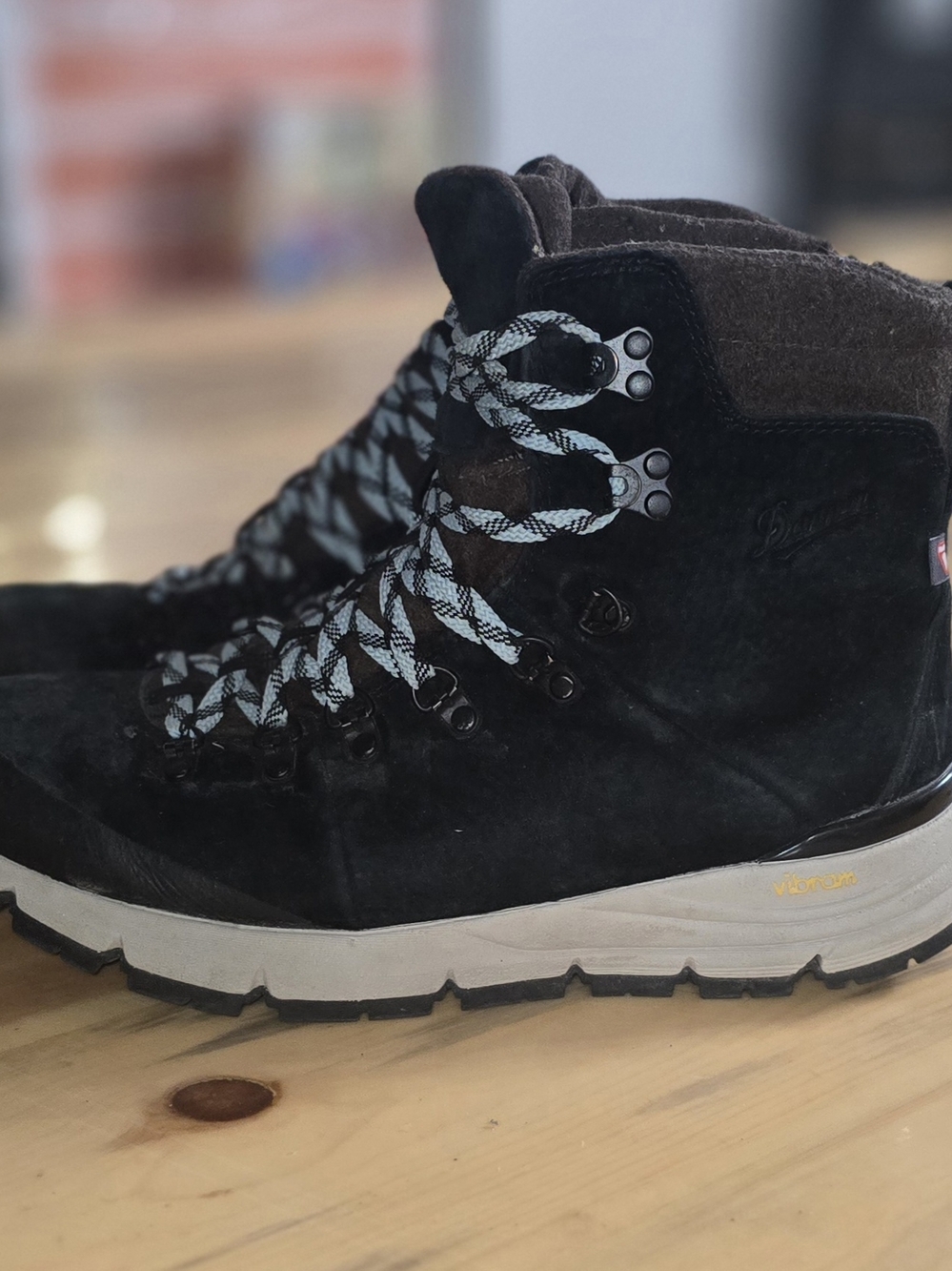Danner Black Suede Lace-Up Hiking Boots with Contrasting Mint Colored Laces